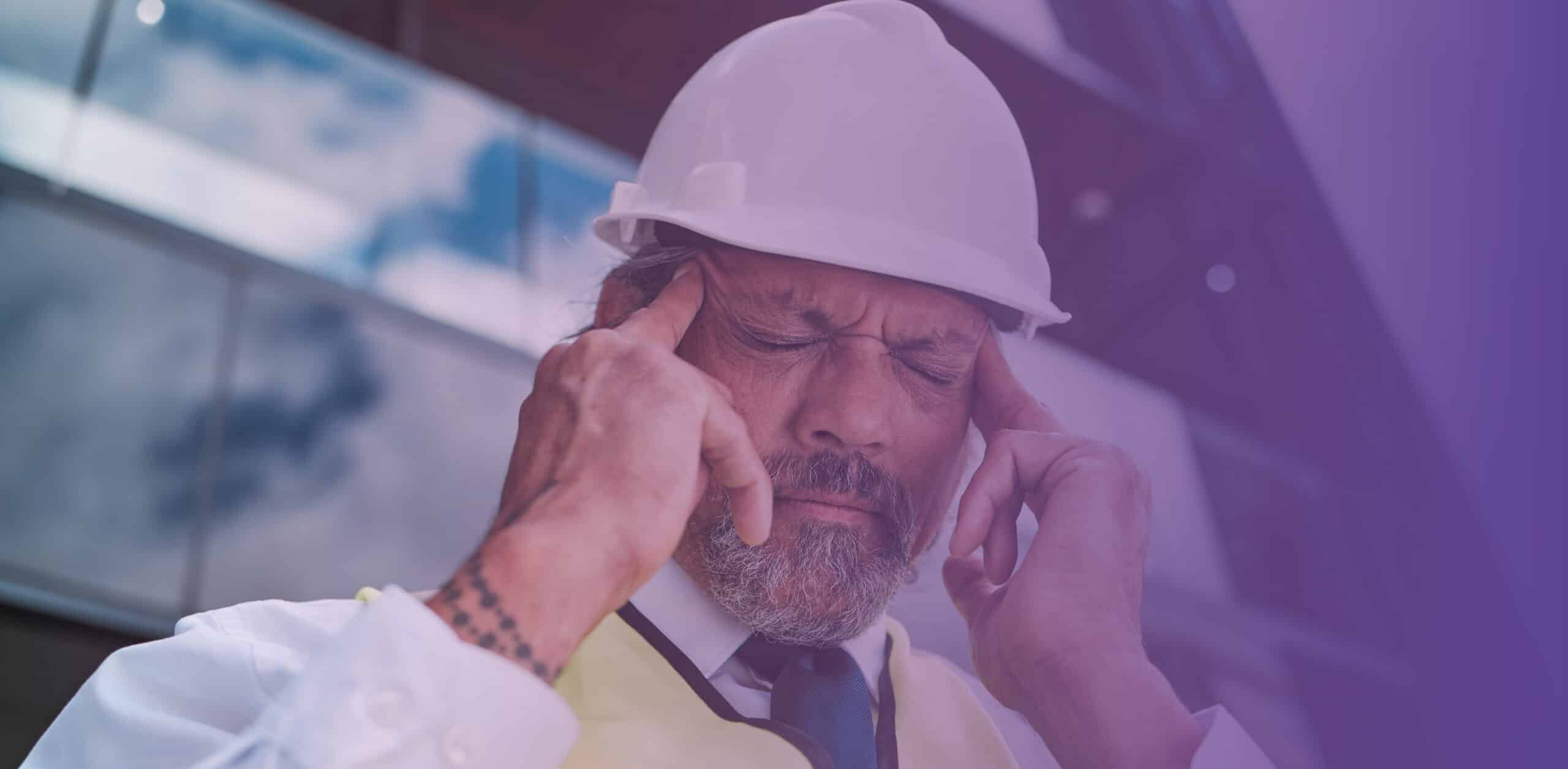Construction worker with fingers on temples thinking