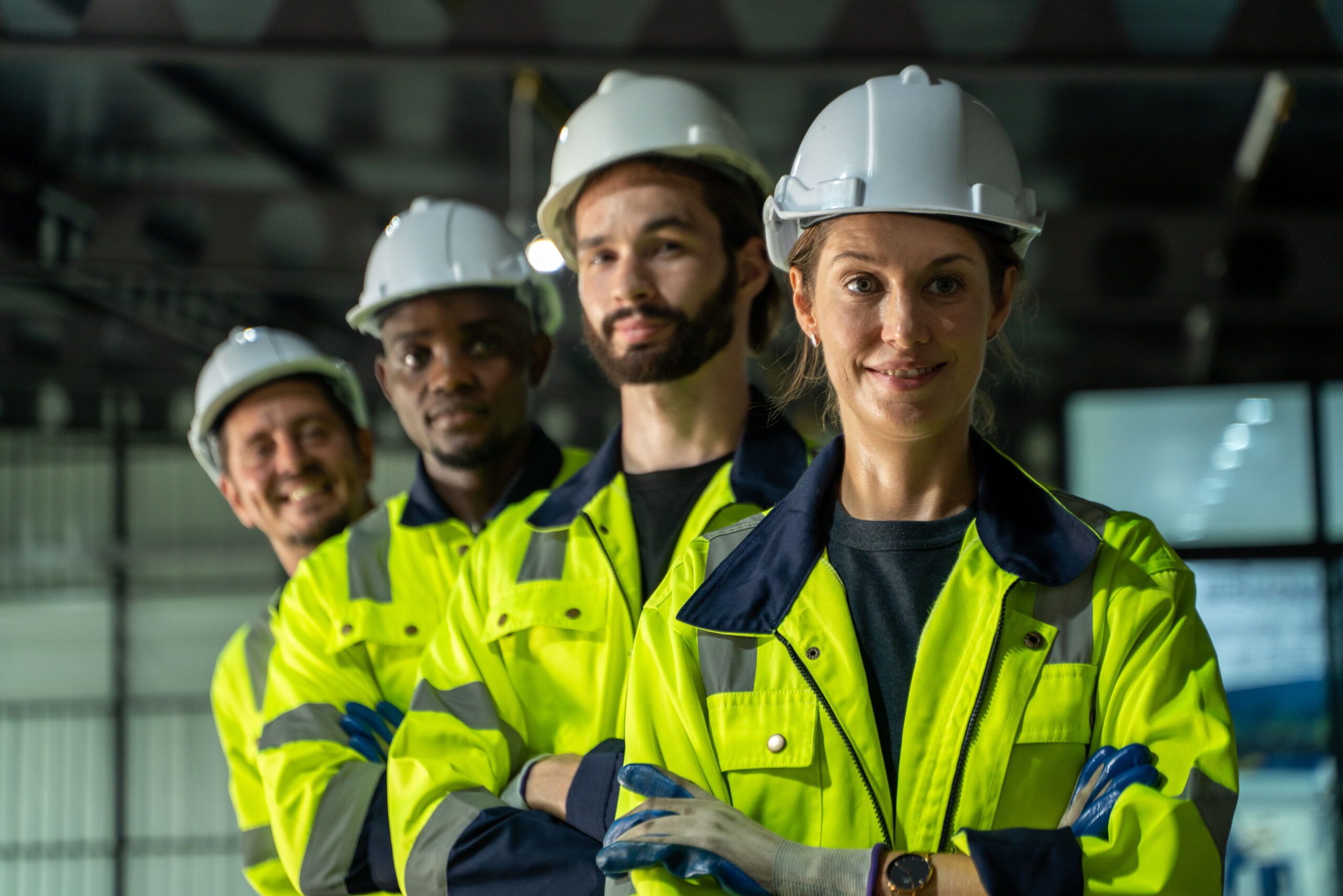 Employees are working at factory with robotic arms,Inspector equ