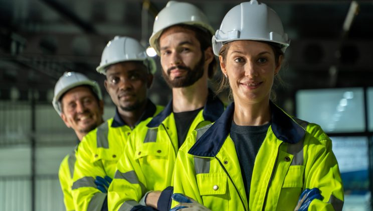 Employees are working at factory with robotic arms,Inspector equ